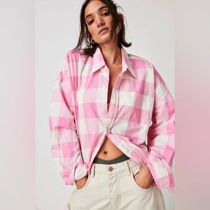 Free People Checkered Cropped Button Down Deminist Shirt